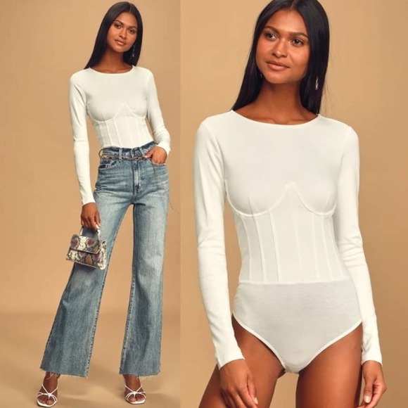 Lulus Tops - Lulus NWT Dressed to Skill Long Sleeve Underwire Classic Bodysuit White Sz Small